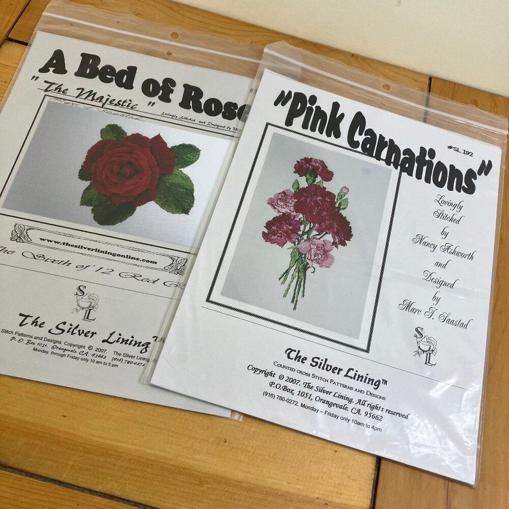 Rose & Carnation Flower Cross Stitch CHARTS ONLY Silver Lining Designs 189 & 192